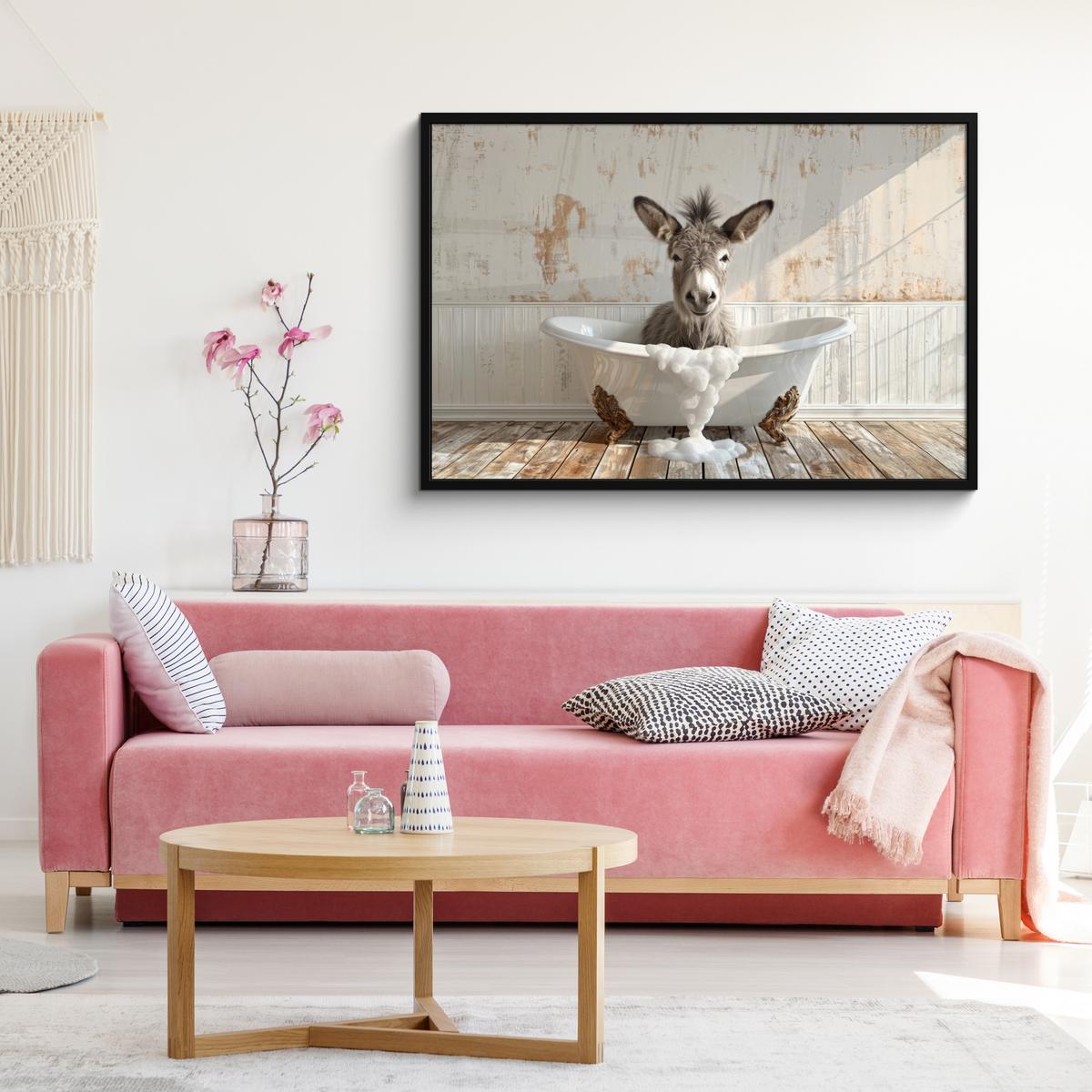 POSTER MIT RAHMENGERAHMTES BILD Esel - Tiere - Badewanne - Schaumstoff 120x80 cm - Weiß, Papier (120/80cm) - MuchoWow