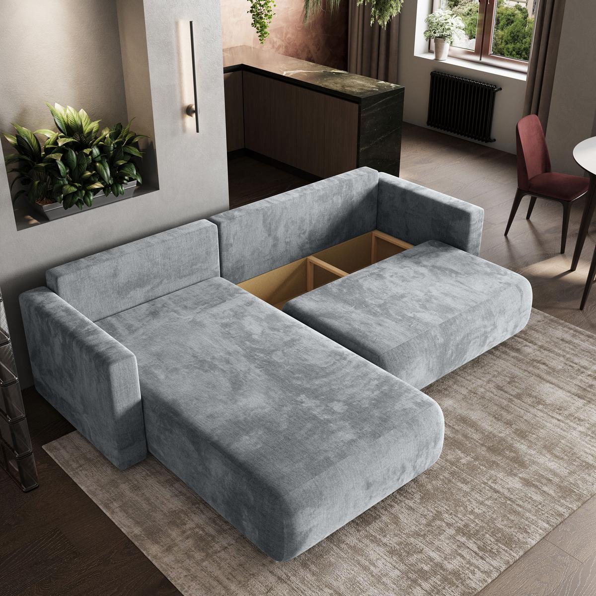 ECKSOFA TURIN M Hellgrau Velours-Stoff mit Schlaffunktion - Hellgrau/Grau, Holz/Kunststoff (265/183cm) - MASSENO