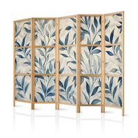 PARAVENT Japanischer 5-tlg 225x172 cm Blaue Bl tter - Grau, Holz/Textil (225/172/3cm) - Muralo