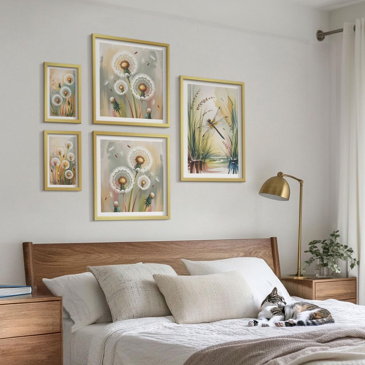 BILDER SET 5er Set - 50x50 cm & 20x30 cm & 40x60 cm Goldrahmen - Pastellfarbene Löwenzahnblüten - Goldfarben, Kunststoff (40/60cm) - TULUP