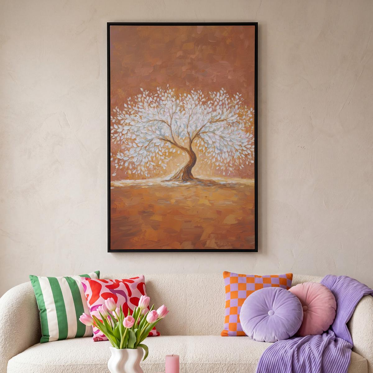 LEINWAND Bilder mit Rahmen - Abstrakt - Baum - Weiß - Blätter - 100x150 - Braun, Textil (100/150cm) - MuchoWow