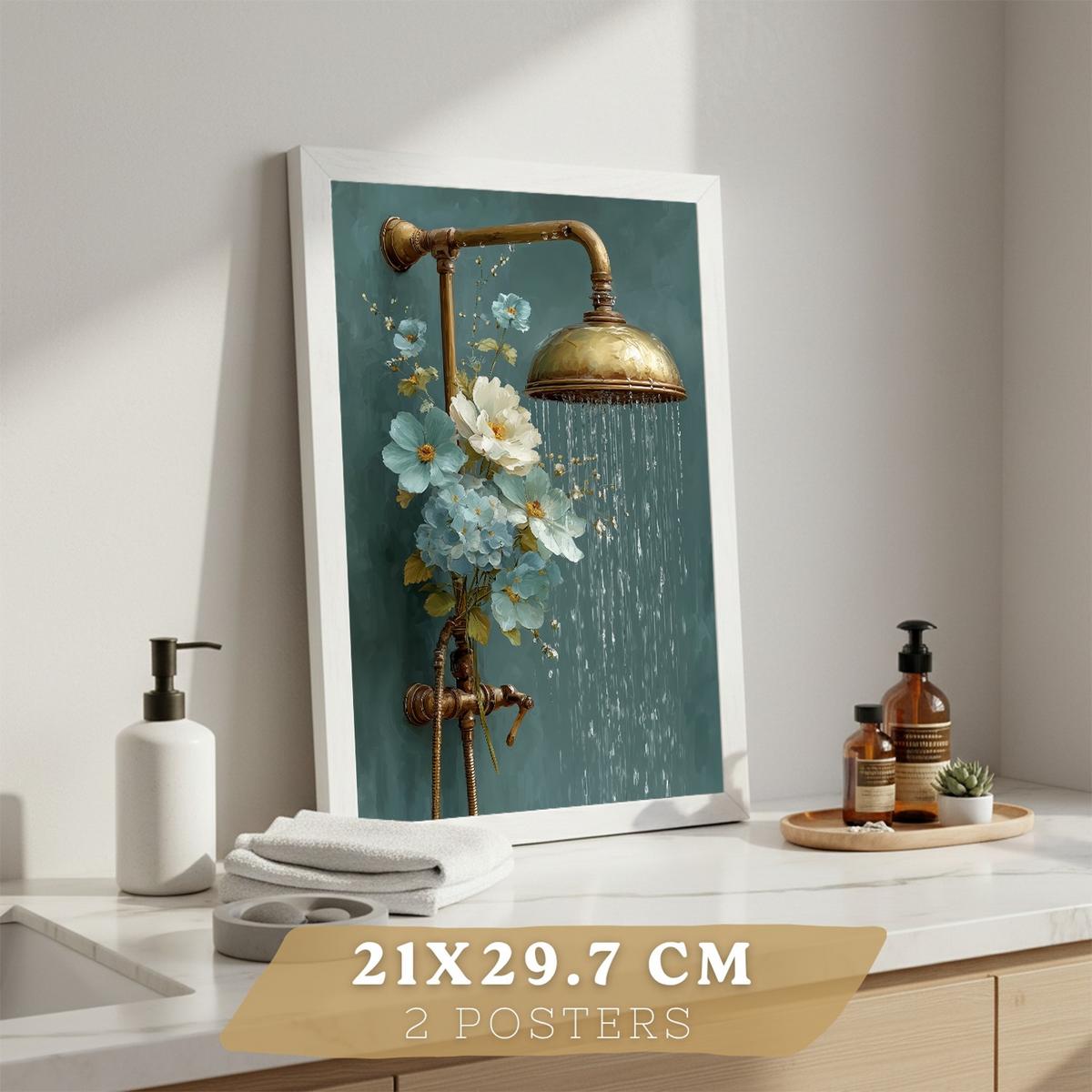 POSTER 2er-Set dekorative Badezimmer-Wandbilder, ästhetische Dusche und WC, moderne Badezimmerdekoration mit Blumen Flaschen und Dusche Rahmenlos A4 - Klar, Papier (29.7/21/3cm) - Nacnic