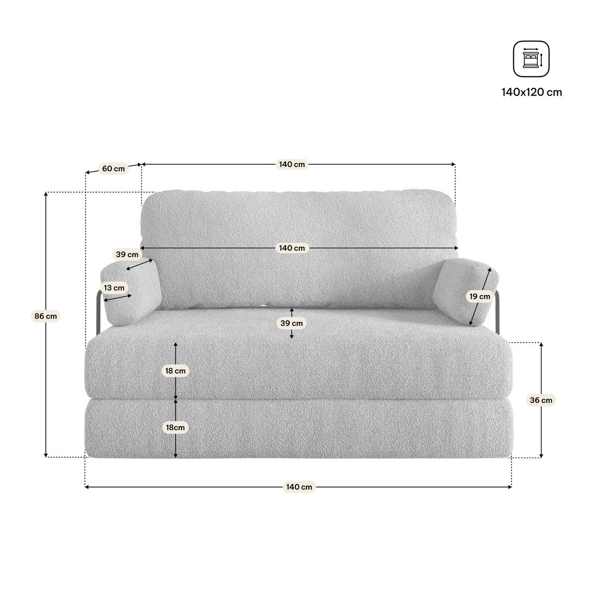 BETTSOFA KESTE aus Schaumstoff Bucle-Stoff Hellgrau Schlaffunktion - Hellgrau, Textil (140/86/60cm) - MASSENO