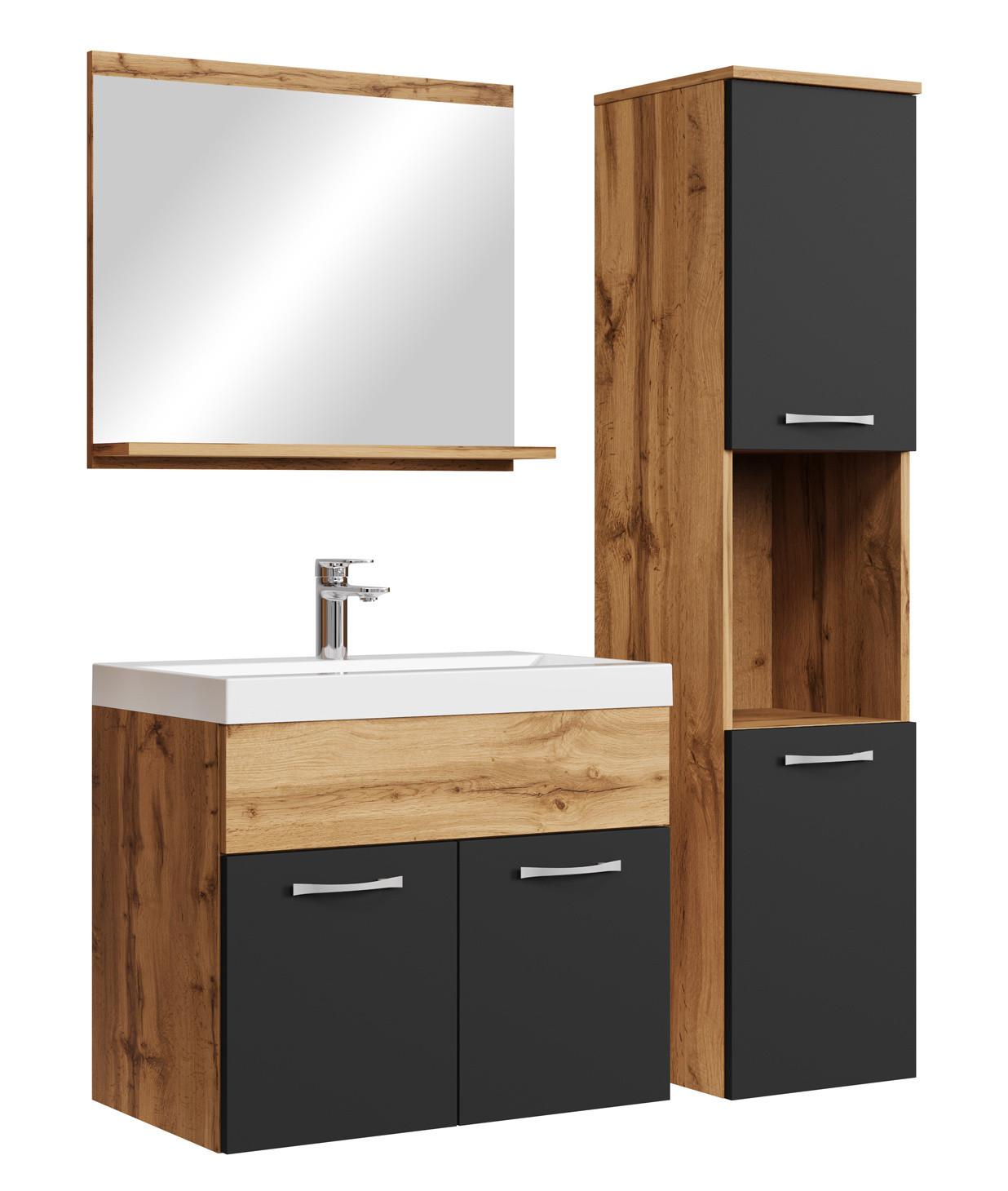 BADMÖBEL-SET Montreal 4 Teile Eiche / Schwarz - 60 x 35 x 51 cm - Chromfarben/Eiche Wotan, Holz/Metall (60/51/35cm) - Badplaats