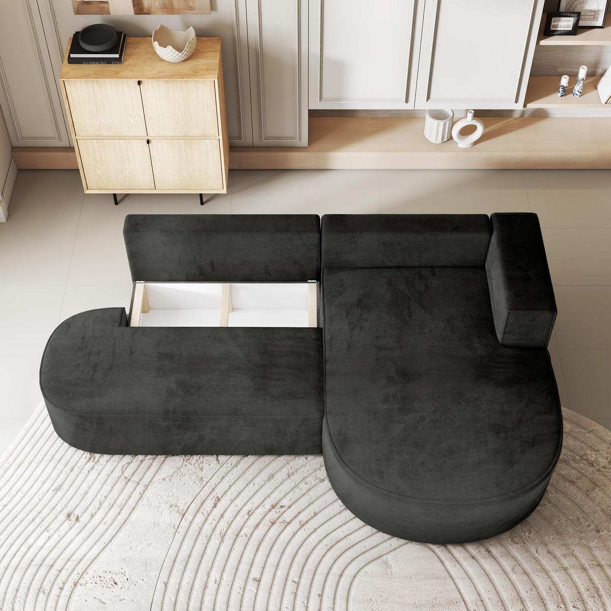ECKSOFA CORTIO M R-S Schwarz Velours-Stoff mit Schlaffunktion - Schwarz/Grau, Holz/Kunststoff (265/174cm) - MASSENO