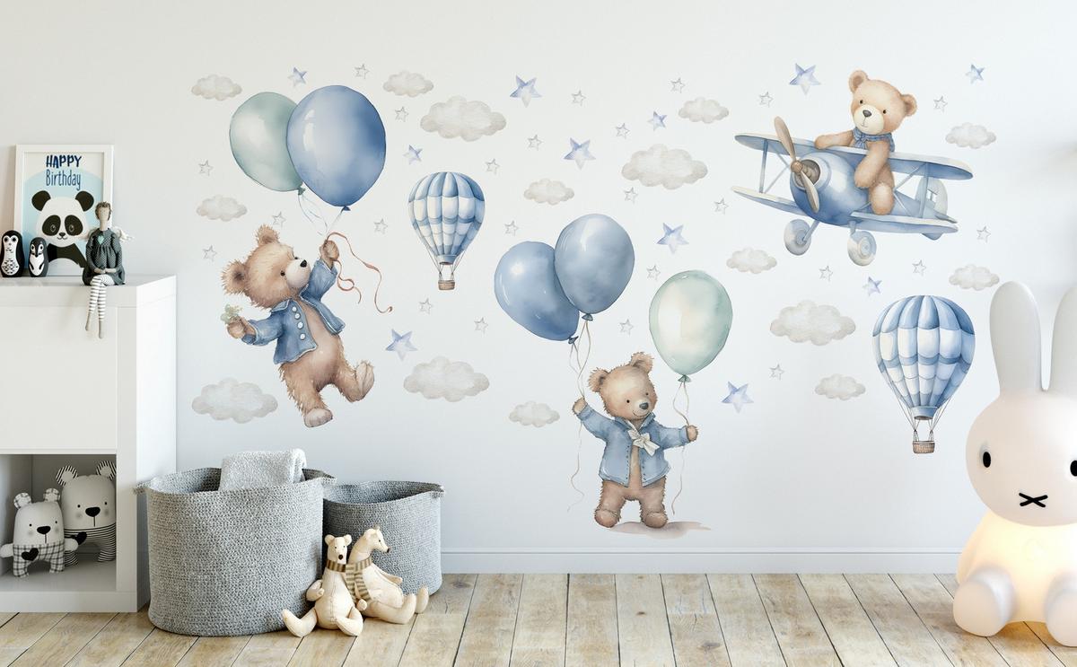 WANDSTICKER Bären Ballons 60x30 - Blau/Beige, Papier (60/30/30cm) - Muralo