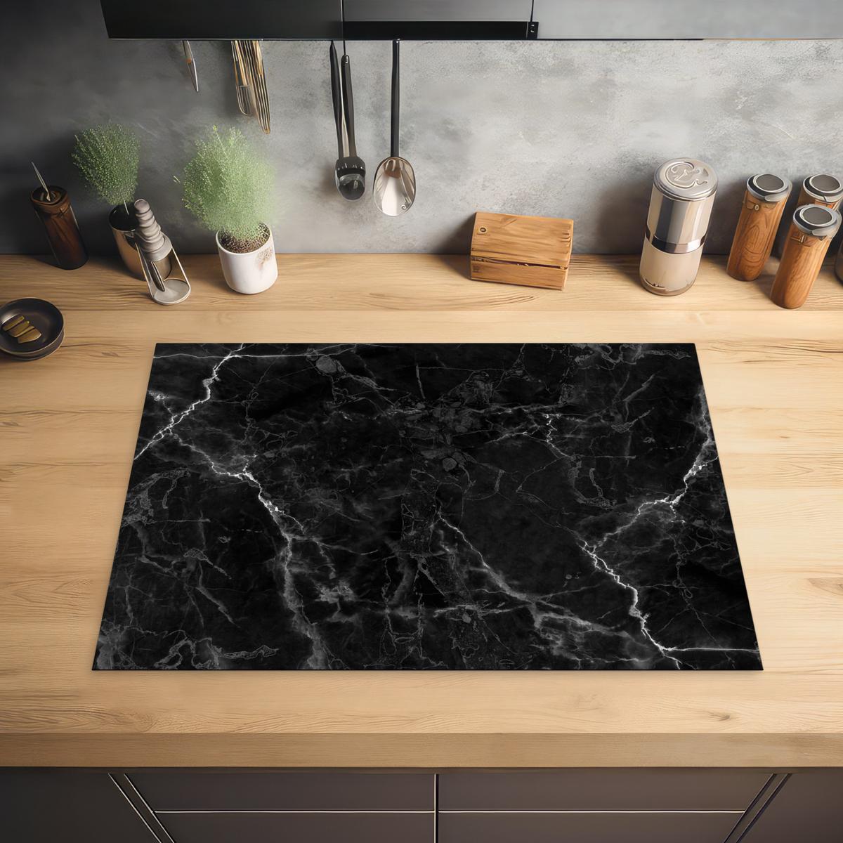 HERDABDECKPLATTE Marmor - Schwarz - Weiß - Textur - Marmoroptik Herdabdeckung Induktionsfeld 75x52 cm - Silberfarben, Kunststoff (75/52/0.2cm) - MuchoWow