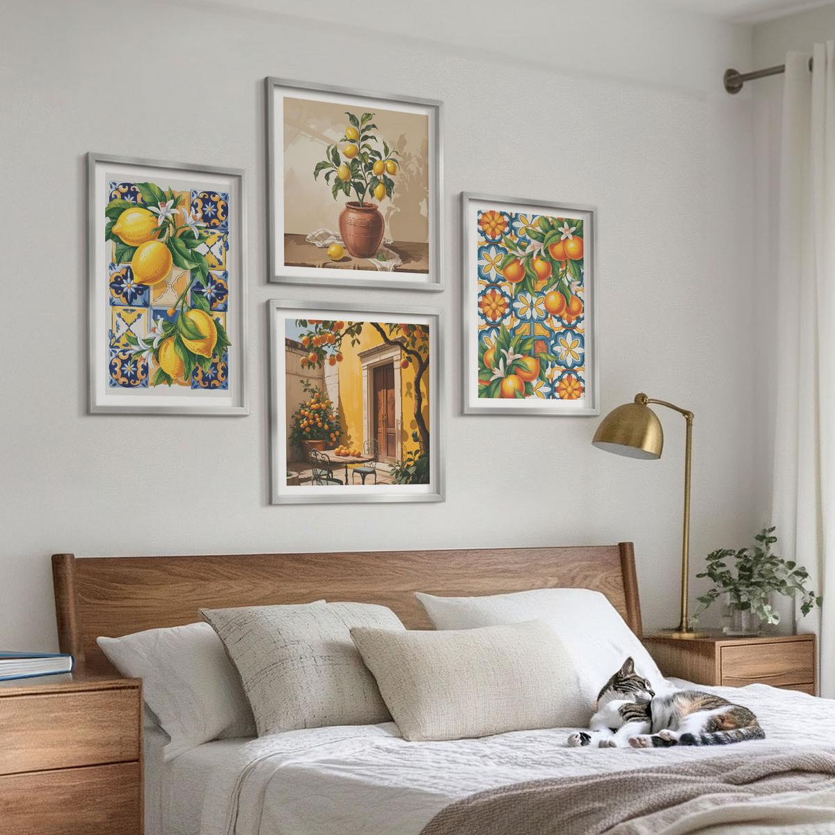 BILDER SET 4er Set - 50x50 cm & 40x60 cm Silberner Rahmen - Zitronenorange Blütenmuster - Silberfarben, Kunststoff (50/50cm) - TULUP
