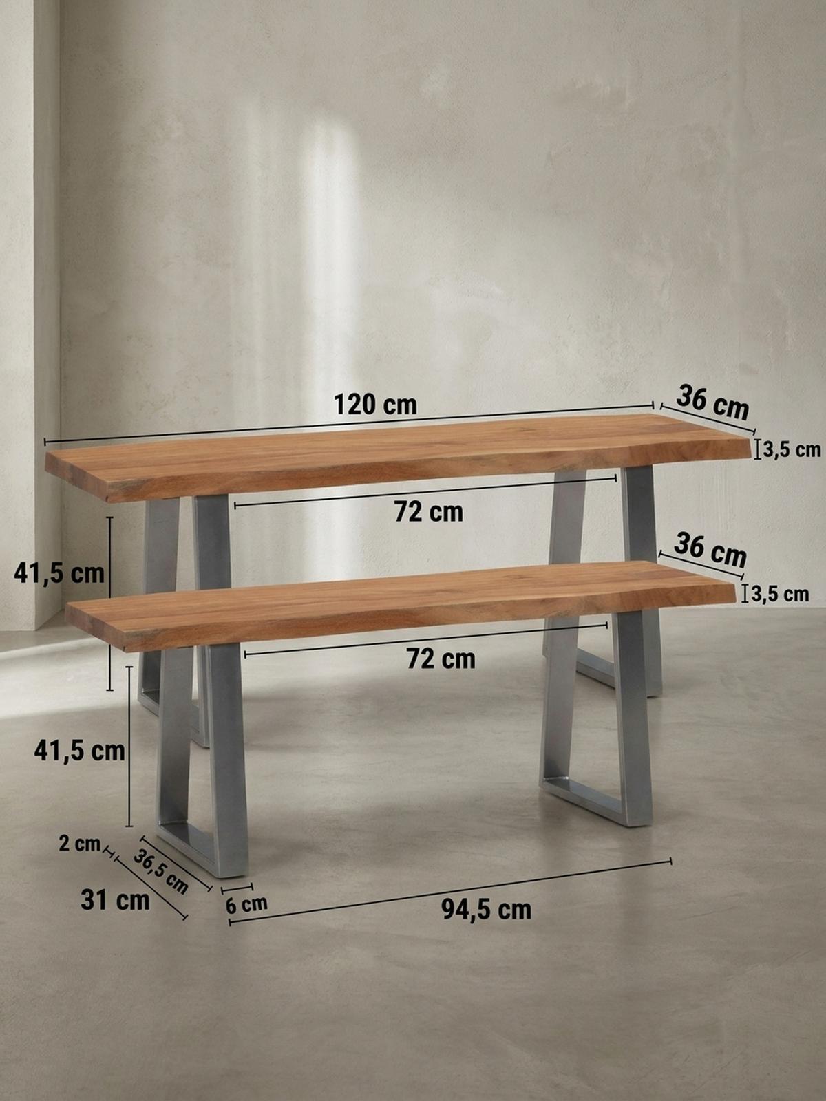 GARDEROBENBANK Massivholz Metall Baumkante, Akazie-Silber 120x40x46 cm - Silberfarben/Braun, Holz/Metall (120/46/40cm) - KADIMA DESIGN