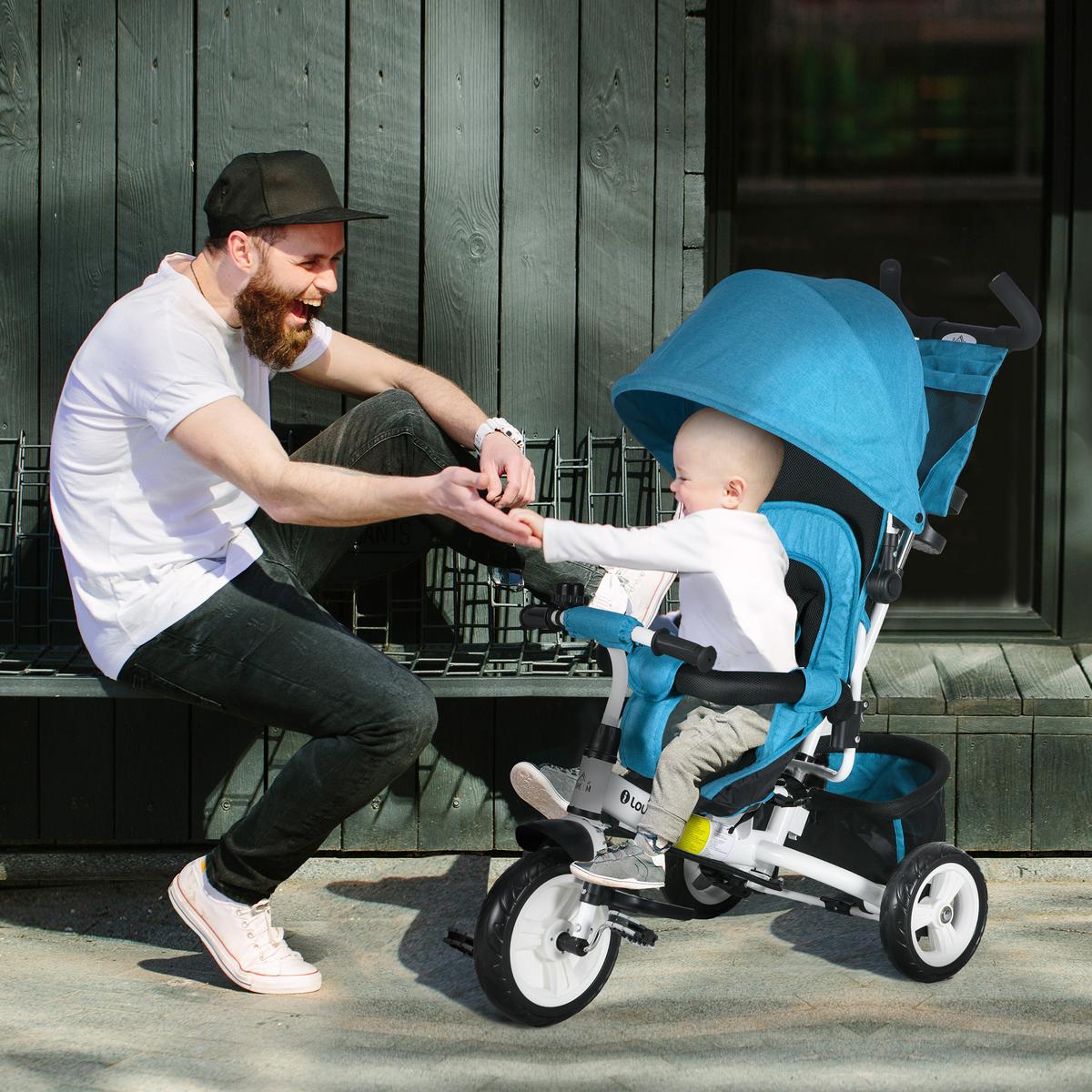 6-IN-1 Dreirad mit Schubstange, Kinderdreirad mit abnehmbarem Sonnendach - Hellblau, Metall (102/49/102cm) - HOMCOM