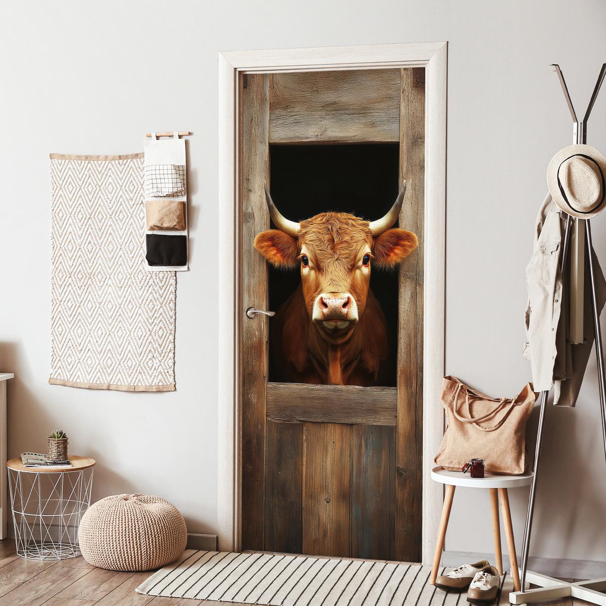 TÜRAUFKLEBER Kuh - Fenster - Holz - Tiere 80x215 cm - Türtapete - Wengefarben, Kunststoff (80/0.1cm) - MuchoWow