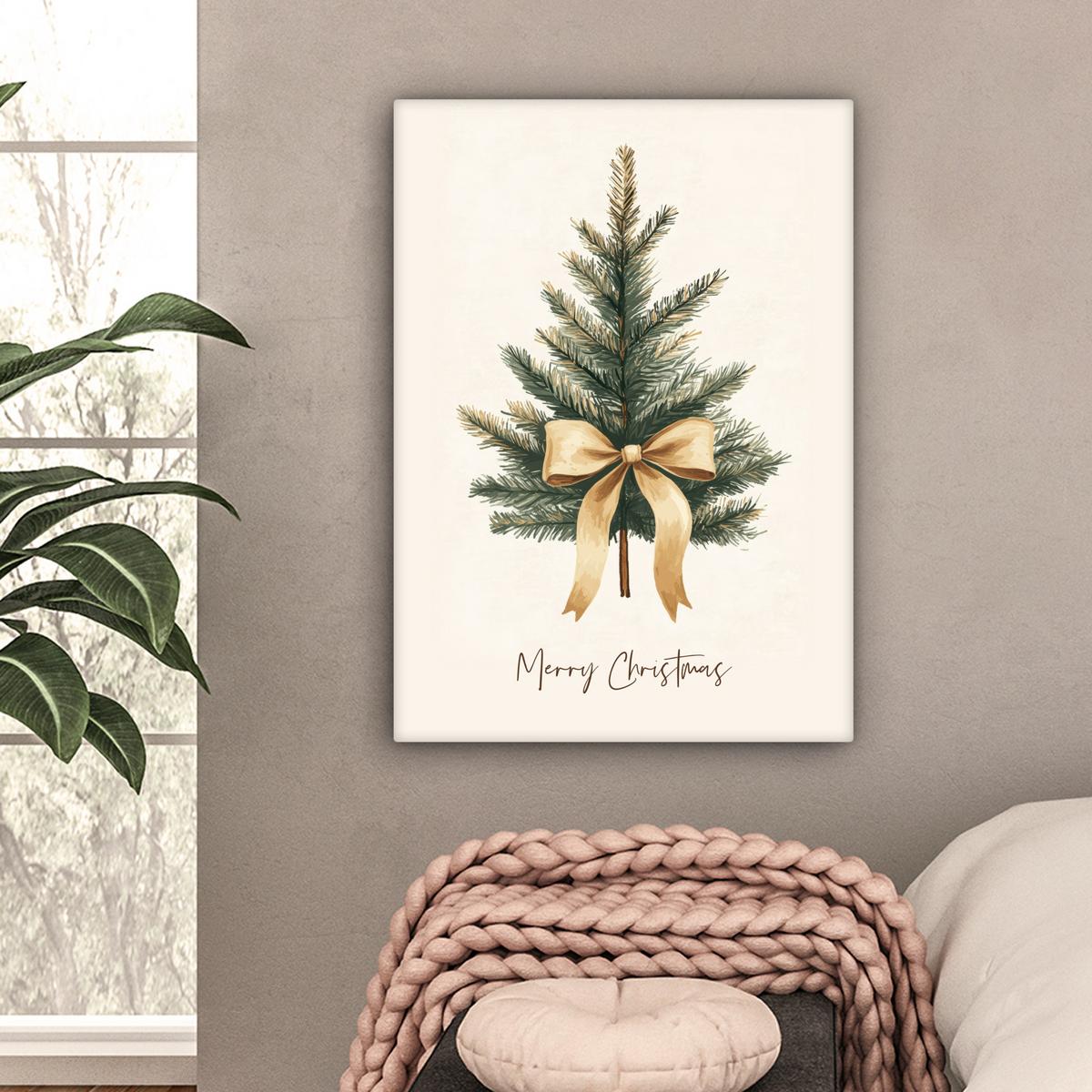LEINWANDBILD Weihnachtsbaum - Weihnachten - Frohe Weihnachten - Beige Wandbild Wohnzimmer 60x80 cm - Sandfarben, Textil (60/80cm) - MuchoWow