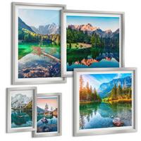 BILDER SET 5er Set - 50x50 cm & 20x30 cm & 40x60 cm Silberner Rahmen - Spiegelung des Waldes in Bergseen - Silberfarben, Kunststoff (40/60cm) - TULUP
