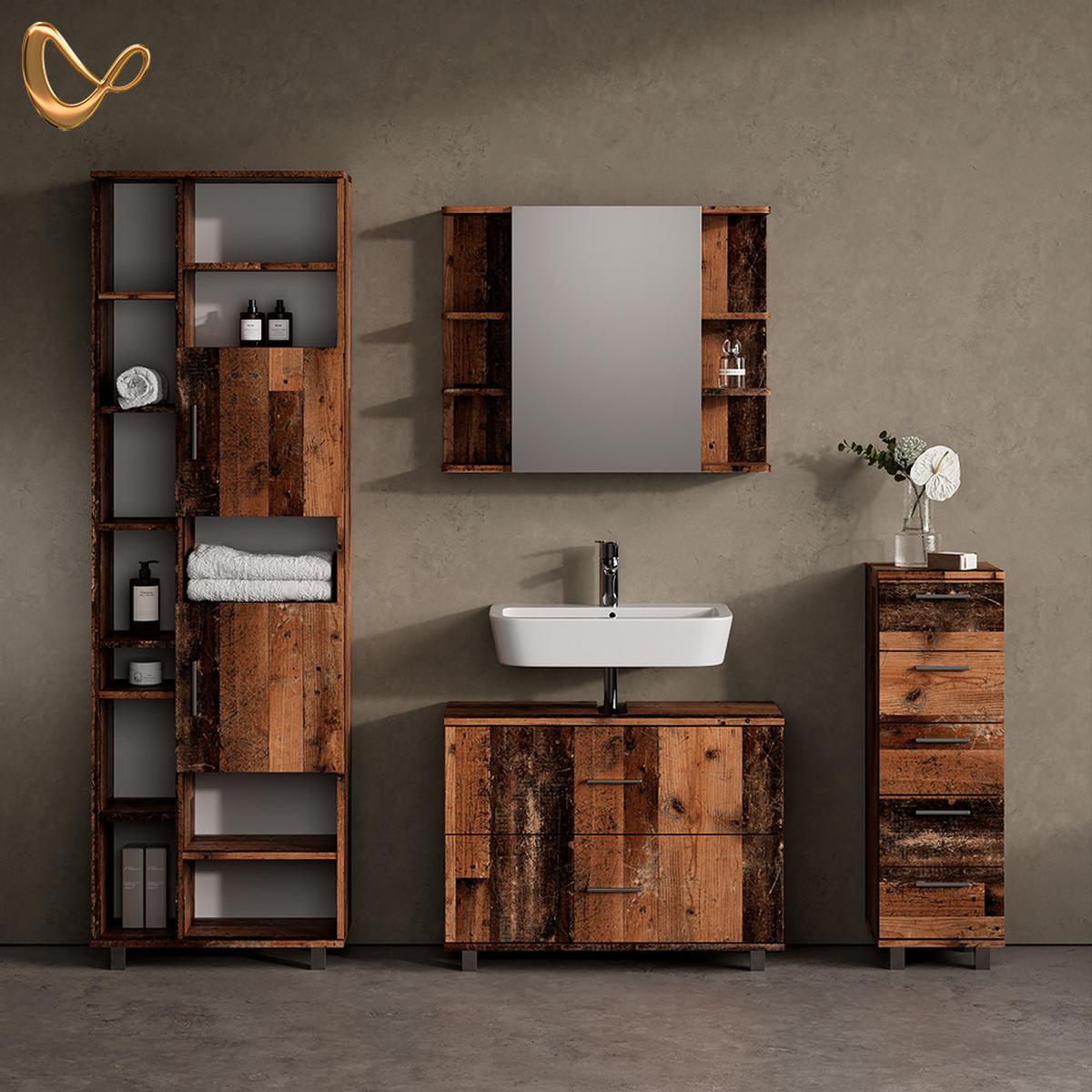BADMÖBEL-SET Eisak Eiche rustikal 4 Teile, mit Hochschrank - Wildeiche, Holzwerkstoff (80/60/33cm) - Livinity®