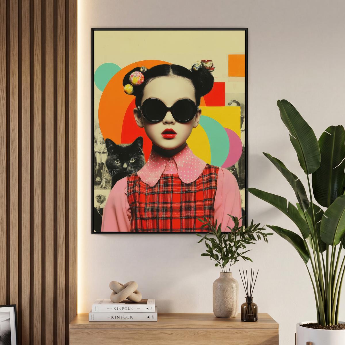 LEINWAND Bilder mit Rahmen - Mädchen - Sonnenbrille - Katze - Retro - 70x100 - Beige, Textil (70/100cm) - MuchoWow