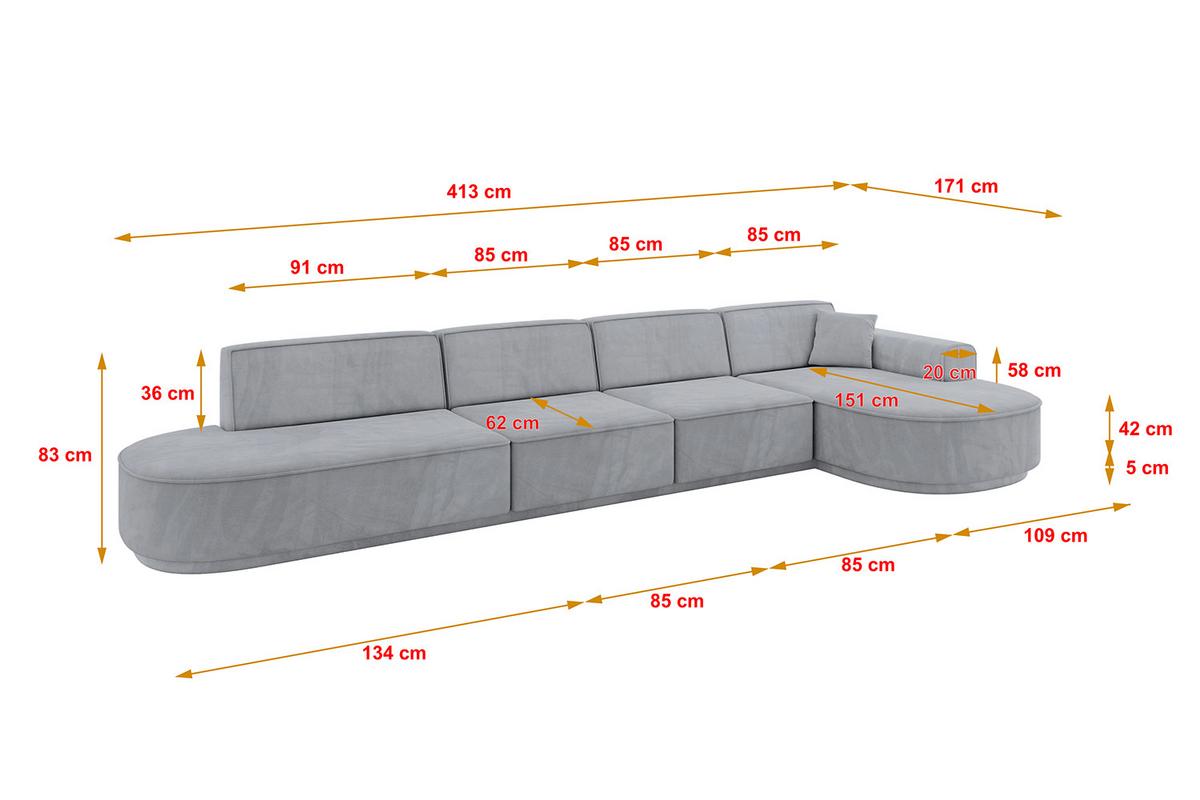 ECKSOFA Ottomane Rechts MARI-L3-v3 - 413x171x83 cm Grau Velours - Schwarz/Grau, Holzwerkstoff/Kunststoff (171/413cm) - ALTDECOR