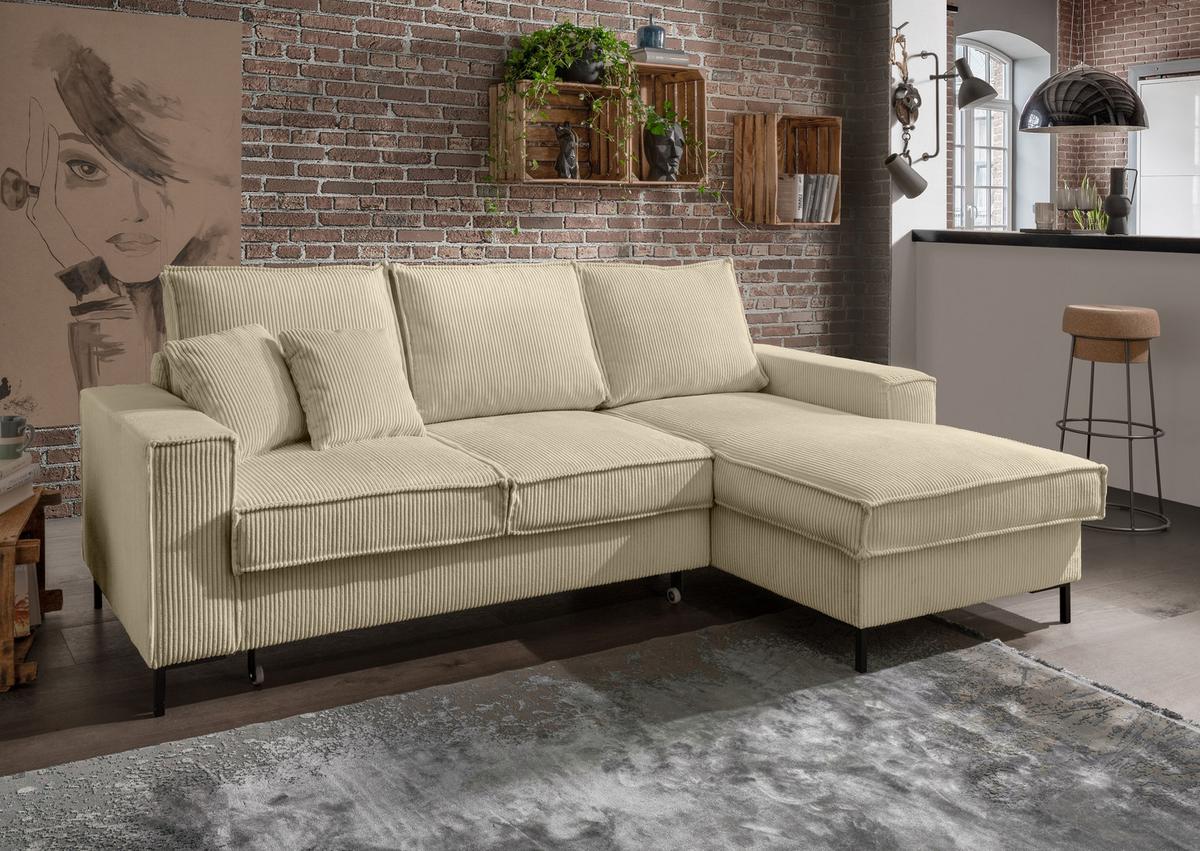 ECKSOFA mit Schlaffunktion, Bettkasten, Wellenunterfederung, Récamiere rechts B240/T150/H92 cm, Liegefl. 125x198 cm, Cord Beige Grau / 17220 - Greige/Schwarz, Textil/Metall (240/150cm) - luma-home