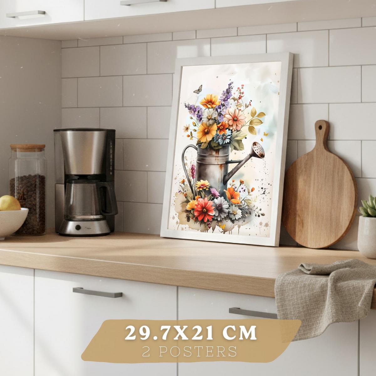 POSTER 2er Set Blumen-Wandbilder Rosen in Vase Botanisches Aquarell Bunt Küche Wohnzimmer Wanddeko Rahmenlos A4 - Weiß, Papier (29.7/1/21cm) - Nacnic
