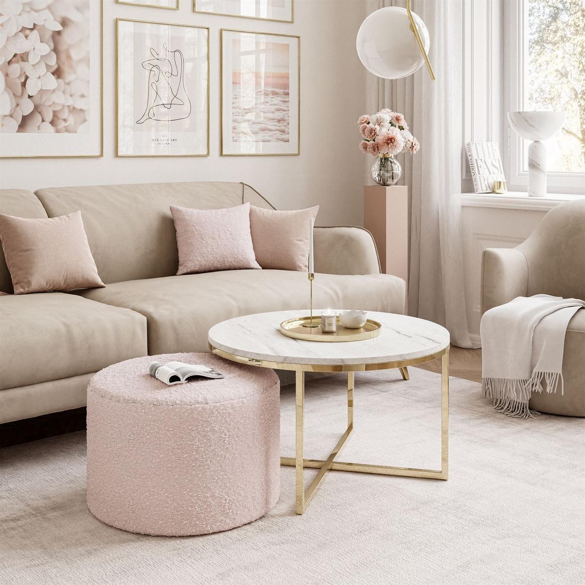 COUCHTISCH CIRI-X mit Hocker Gold Chrom|Marmor Levanto|Ascot pink - Goldfarben/Weiß, Holzwerkstoff/Textil (70/70/46cm) - Lookway