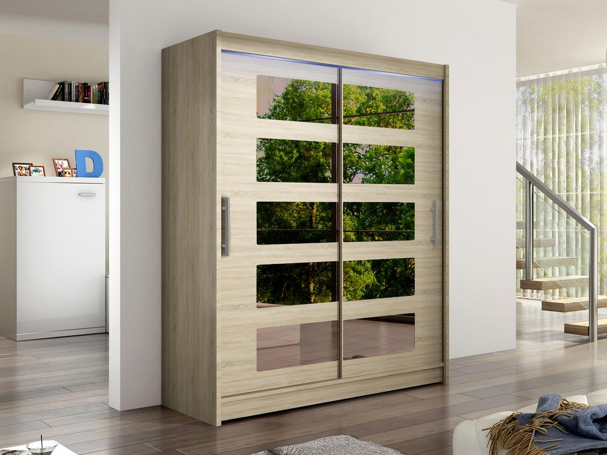 SCHWEBETÜRENSCHRANK Westa V, mit RGB LED Beleuchtung - Silberfarben/Sonoma Eiche, Holzwerkstoff/Metall (150/200/58cm) - MIRJAN24