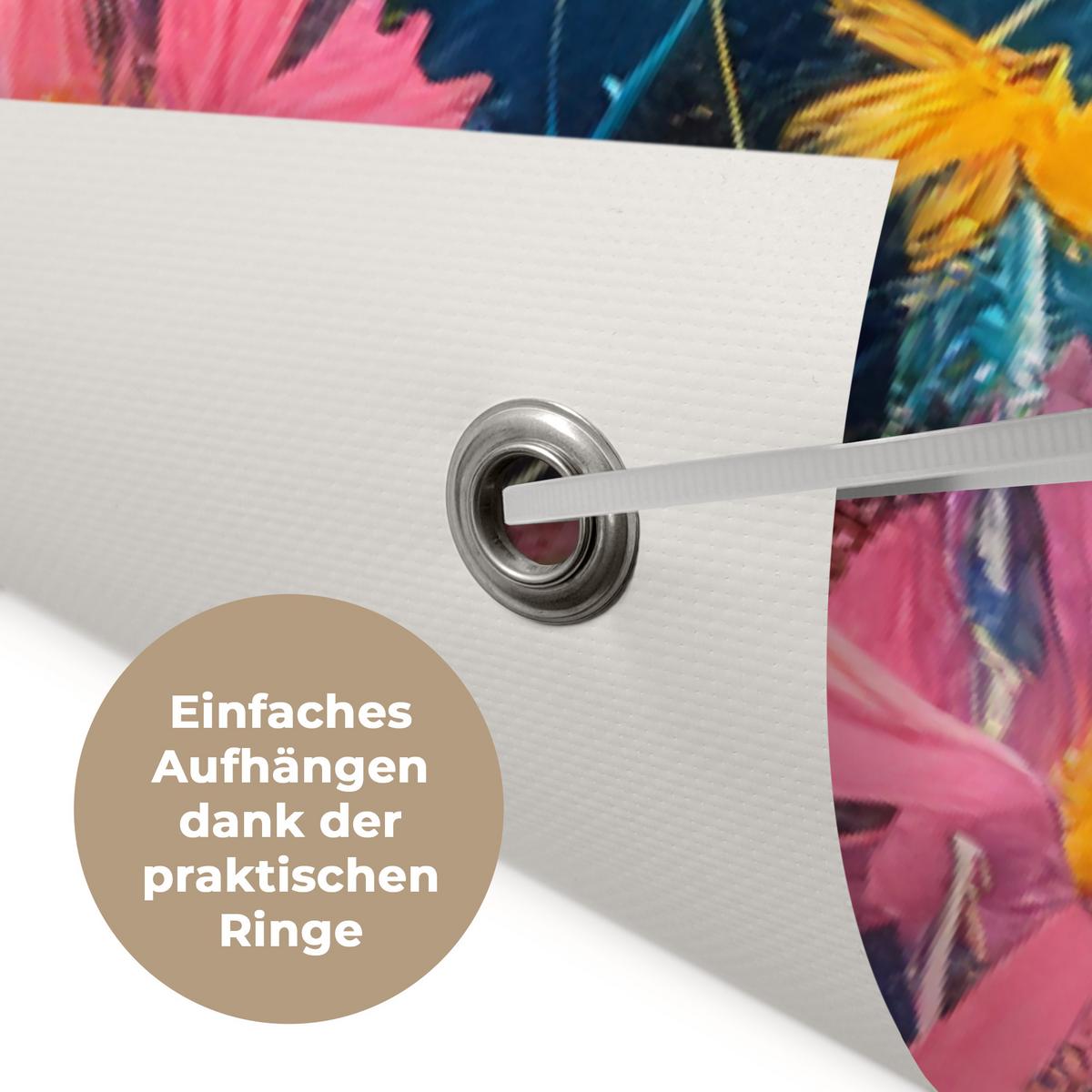 GARTENPOSTER Schottische Hochländer - Natur - Farbenfroh - Blumen Bild 120x180 cm - Hellblau, Kunststoff (120/180/0.2cm) - OnlyWow