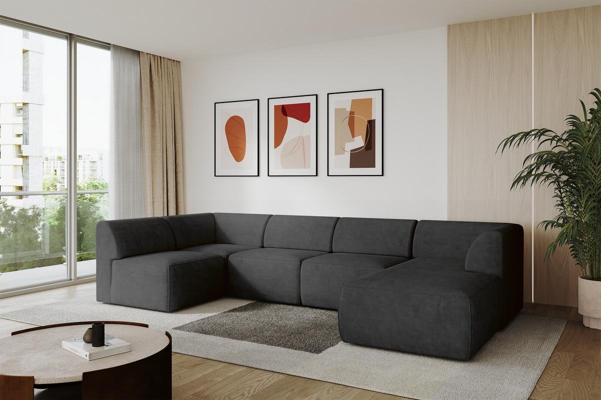 WOHNLANDSCHAFT Ottomane Rechts MOVA 345x180x78 Schwarz Velours - Schwarz, Holzwerkstoff/Kunststoff (345/78/180cm) - ALTDECOR