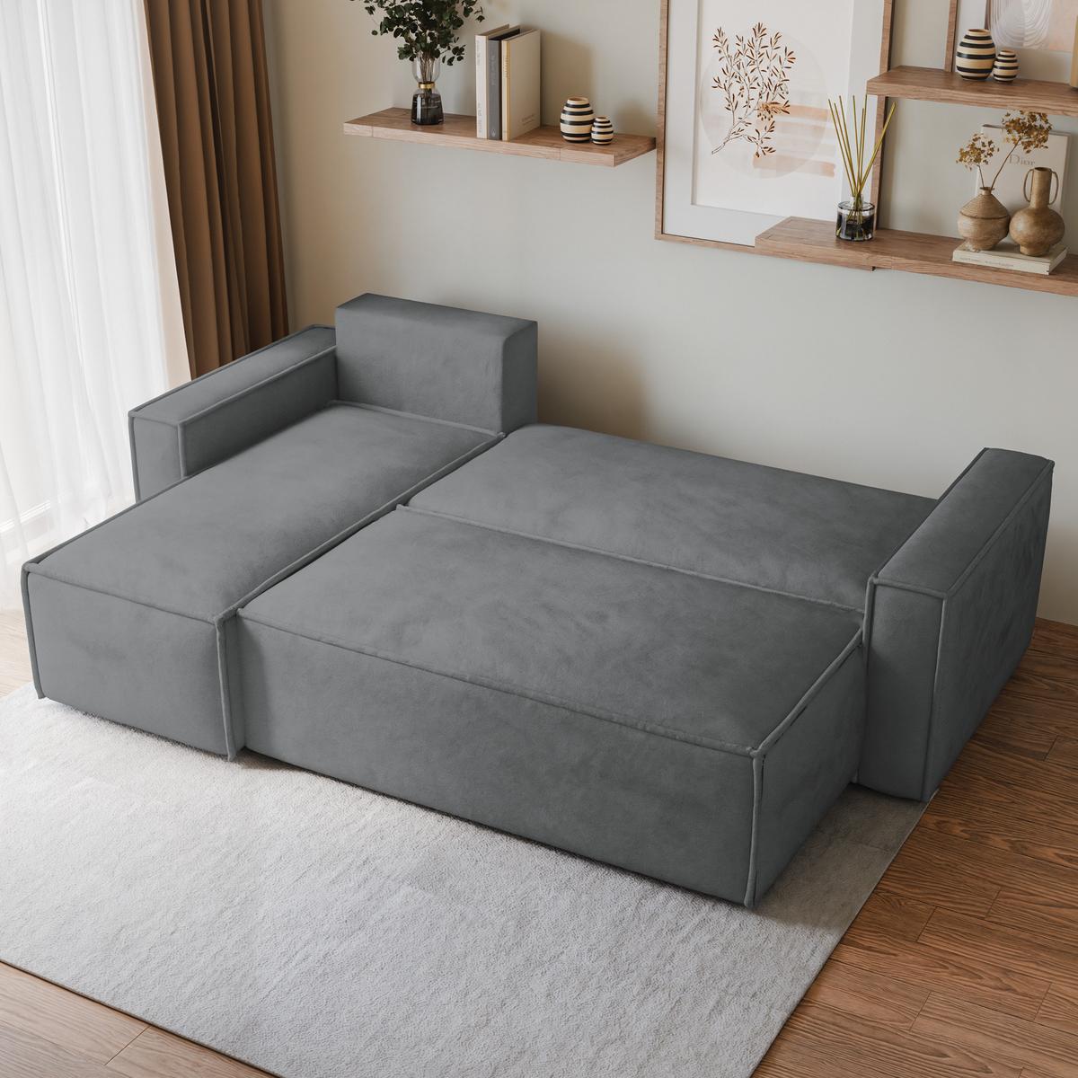 ECKSOFA RAVELO M Grau Velours-Stoff mit Schlaffunktion - Grau, Holz/Kunststoff (240/140cm) - MASSENO