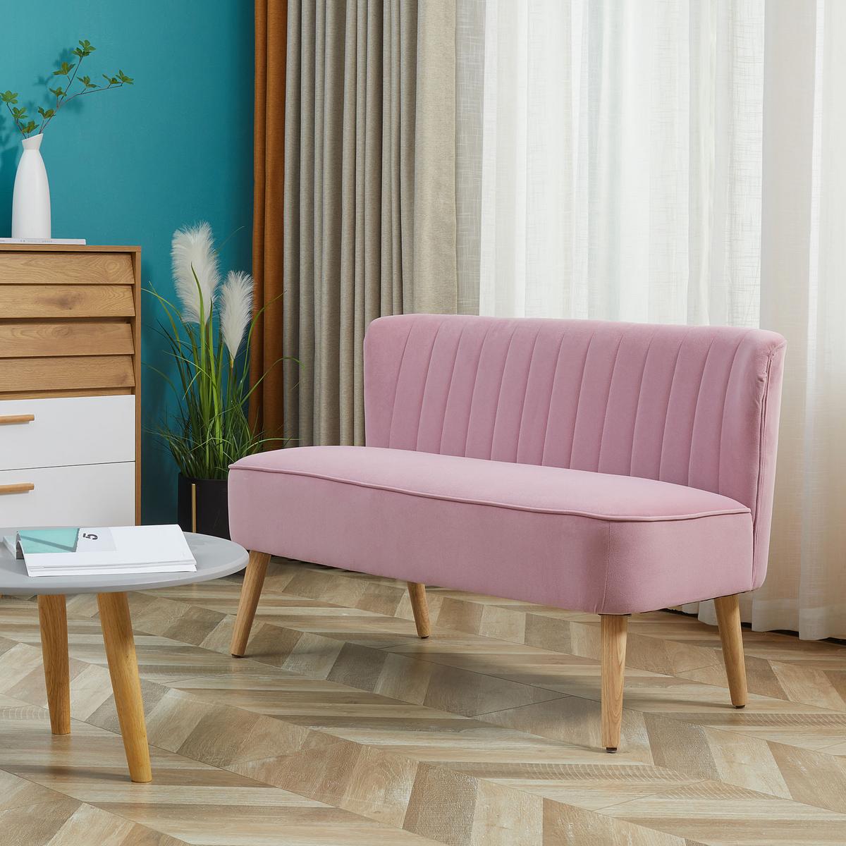 SOFA 2-Sitzer mit verstellbaren Fußpolster Pink - Rosa/Naturfarben, Holz/Textil (56.5/77/117cm) - HOMCOM