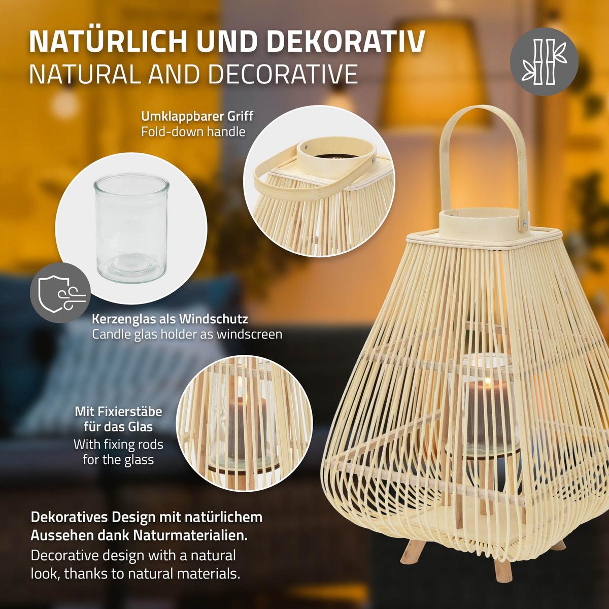 BAMBUS LATERNE H: 63,5 cm Holzfarbe Boho Stil - Naturfarben, Holz (33/63.5/33cm)