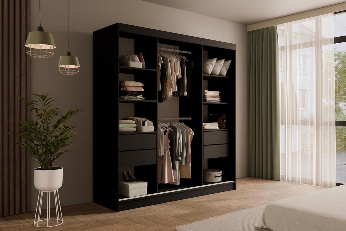 KLEIDERSCHRANK mit Spiegel V2-URBANO 215x200 cm Schwarz - Schwarz, Holzwerkstoff (200/215/61cm) - ALTDECOR