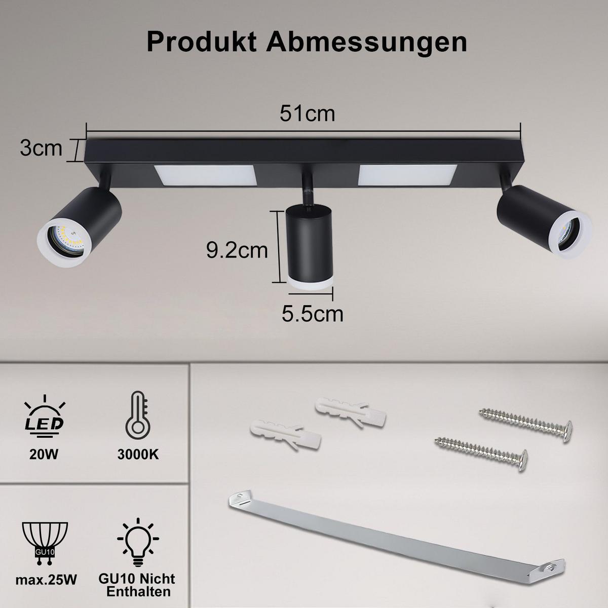 DECKENSTRAHLER Bocholt 3-flammig 51/8/16.9 cm - Schwarz, Metall (51/8/16.9cm) - Nettlife