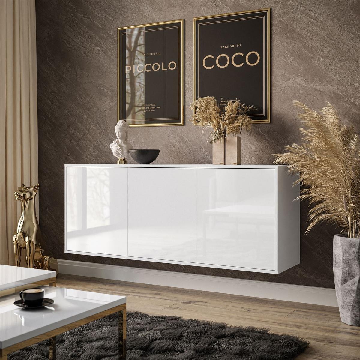 SIDEBOARD SANAYI Hängend Hochglanz Weiß - Weiß Hochglanz/Weiß, Holzwerkstoff (154/60/40cm) - Lookway