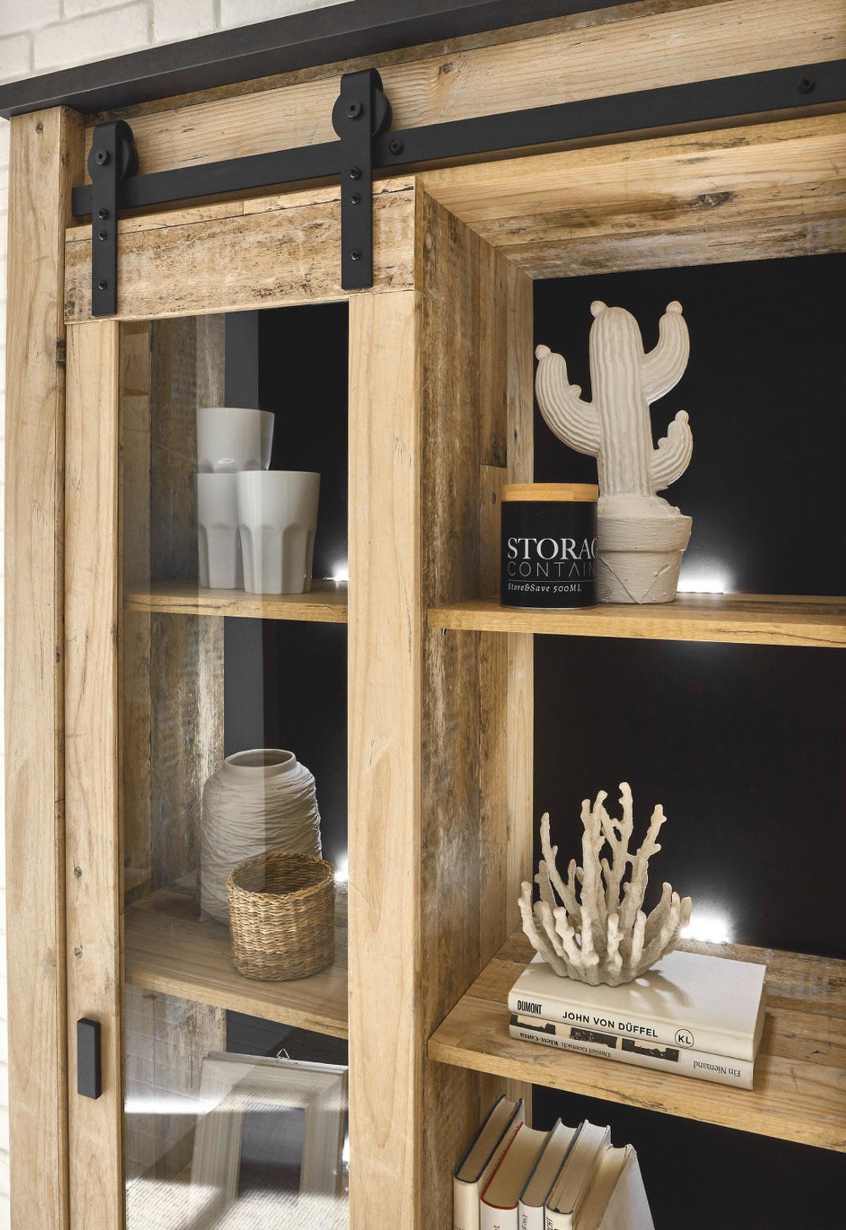 WOHNWAND Used Wood hell, anthrazit 4-teilig 388 cm, Wohnkombination, viel Stauraum - Anthrazit/Schwarz, Holzwerkstoff/Metall (388/201/43cm) - Furn.Design