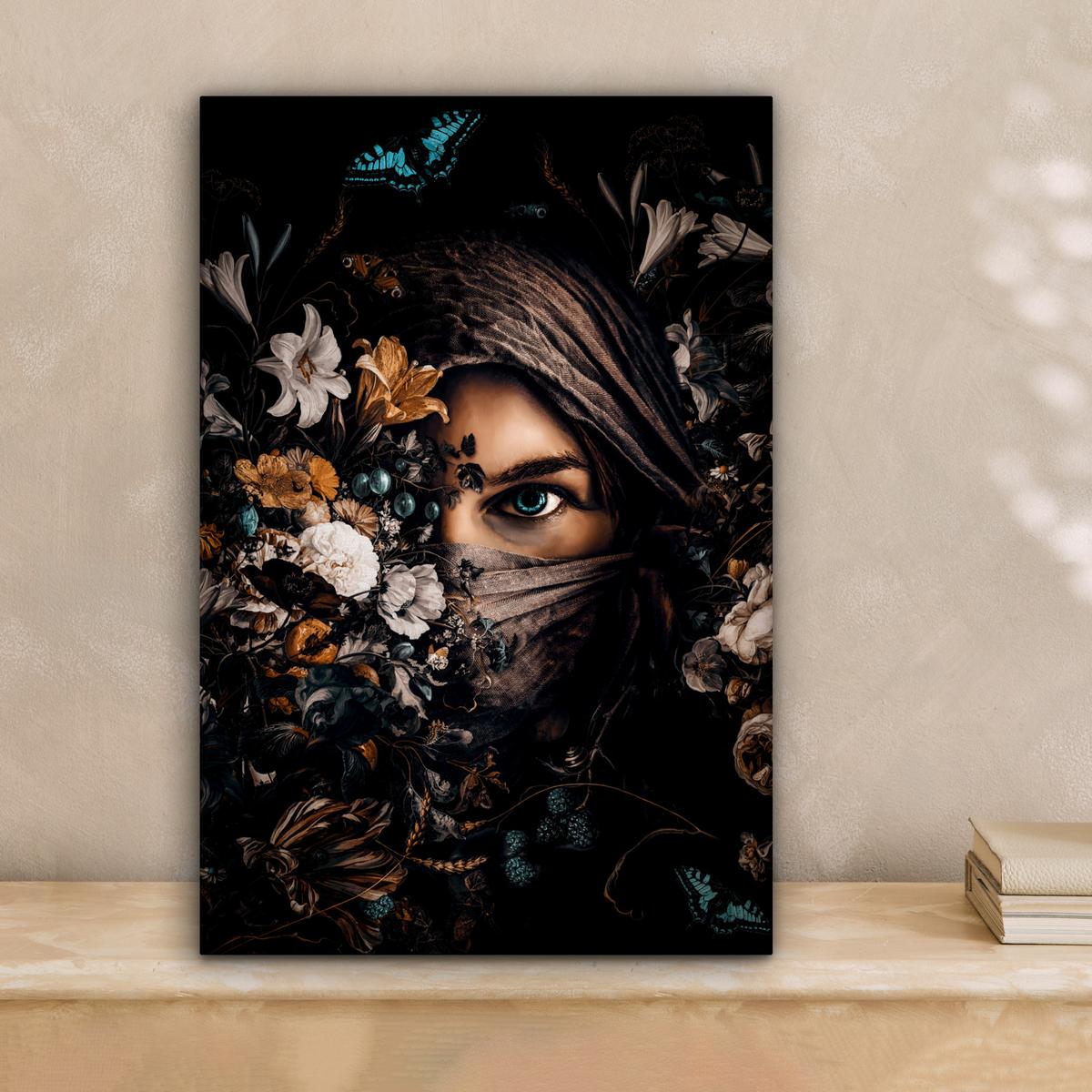 LEINWANDBILD Frau - Luxus - Blumen - Schmetterling - Porträt Deko Wohnzimmer 20x30 cm - Schwarz, Textil (20/30cm) - MuchoWow
