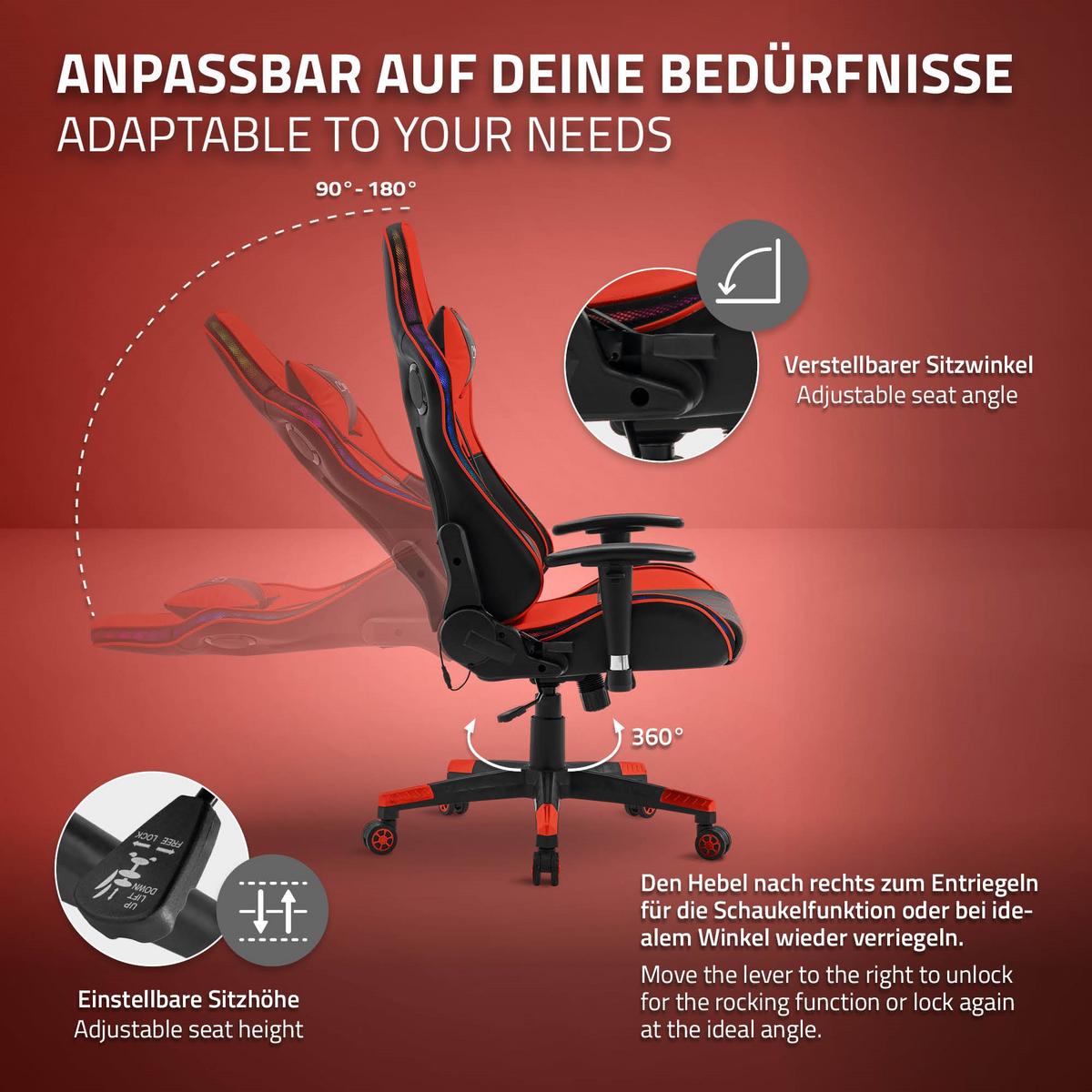 GAMINGSTUHL mit RGB Licht und Lautsprecher, Rot, aus Kunstleder - Rot/Schwarz, Kunststoff/Metall (72/133/72cm) - ML-DESIGN