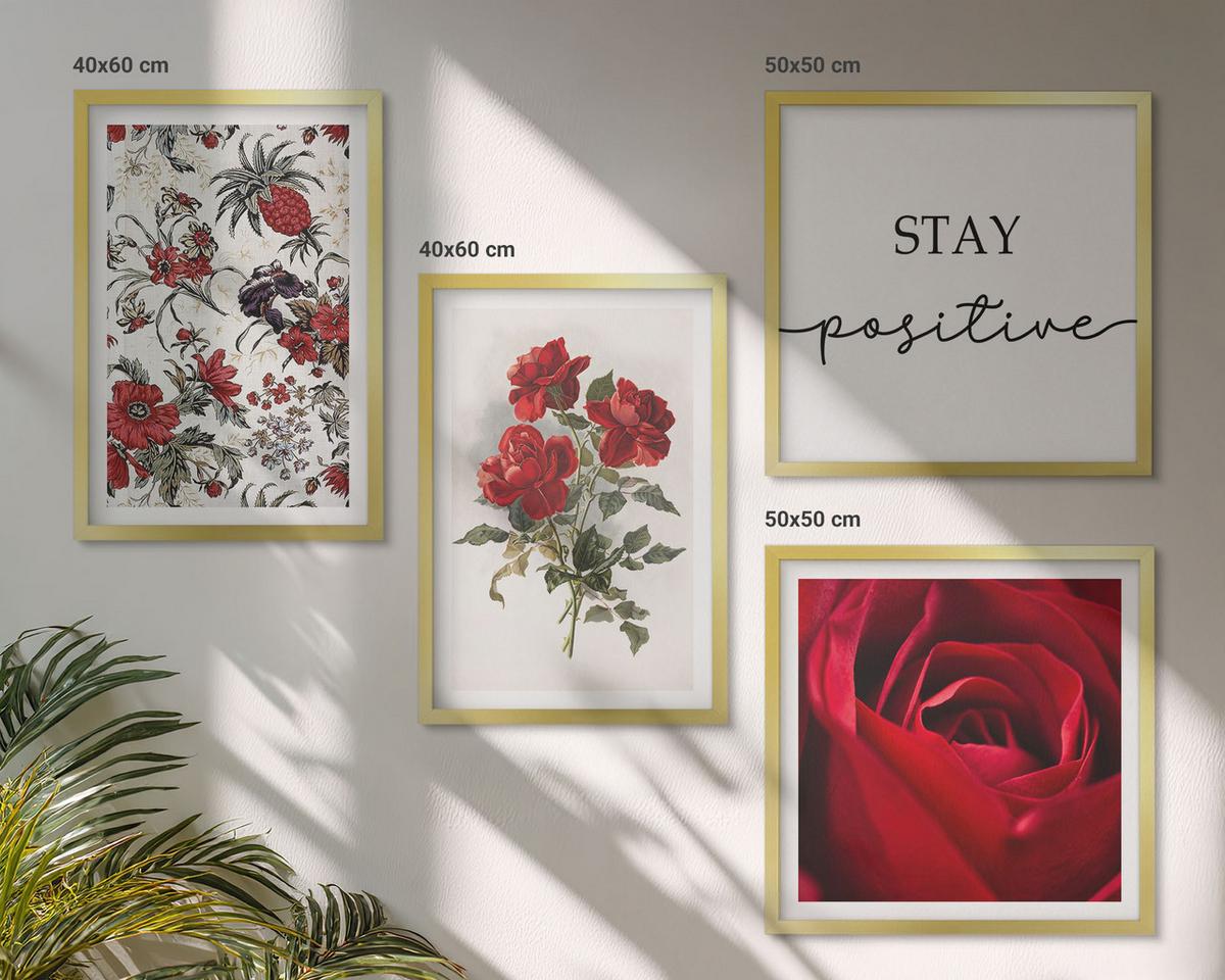 BILDER SET 4er Set - 50x50 cm & 40x60 cm Goldrahmen - Inschrift mit roten Rosen - Goldfarben, Kunststoff (50/50cm) - TULUP
