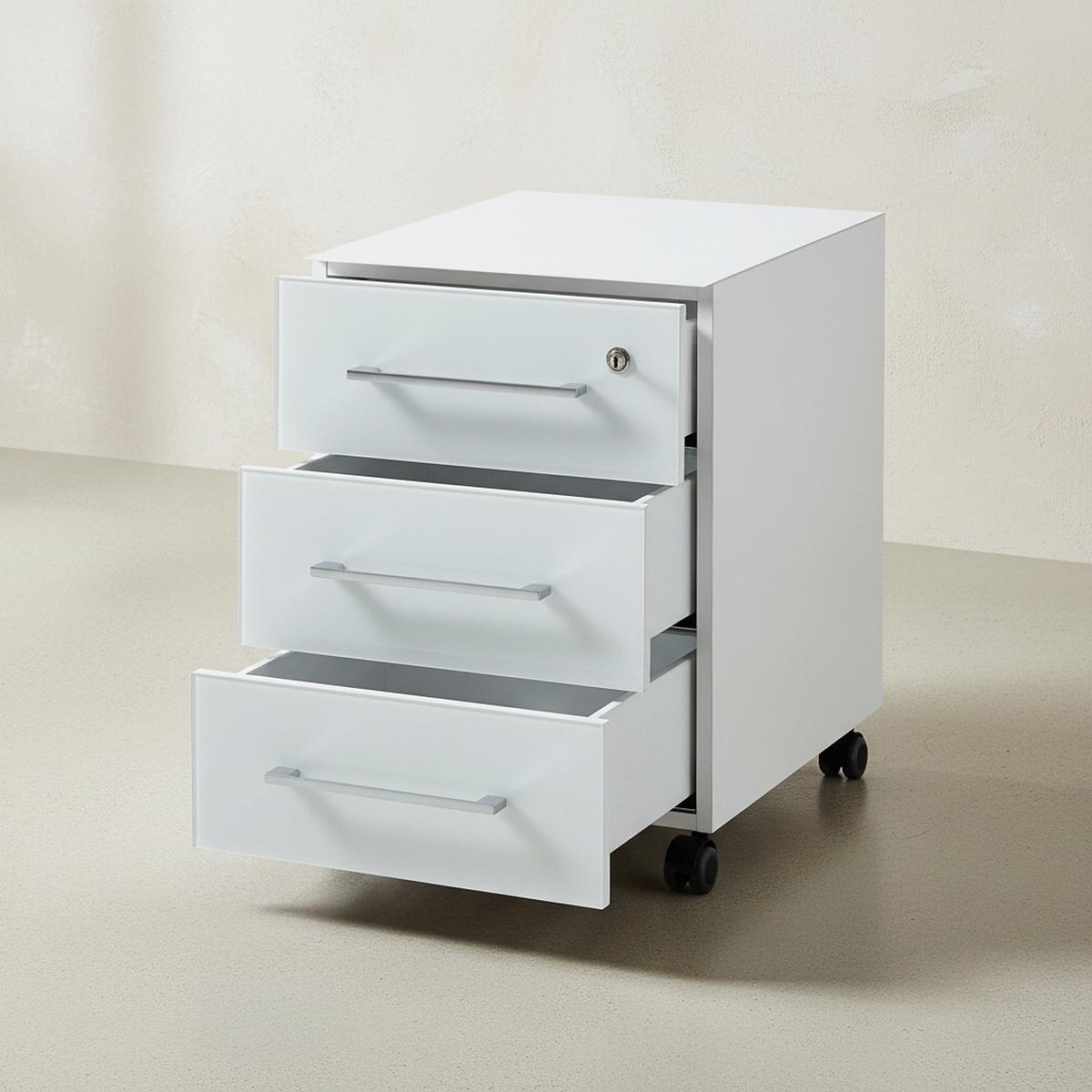 ROLLCONTAINER Glasfront 3 Schubladen Soft-Close & Abschließbar, Serie "Muenchen" Weiß - Weiß, Holzwerkstoff/Metall (40/55/50cm) - KADIMA DESIGN