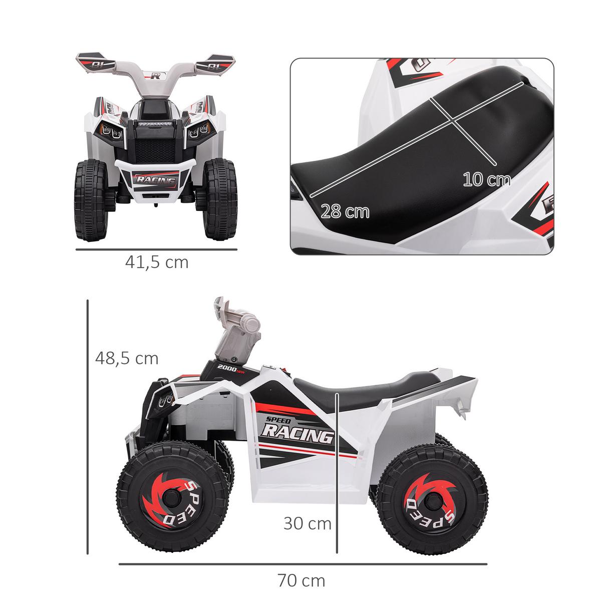 ELEKTRO Kinderquad, Mini Elektroquad mit Vorwärts-, Rückwärtsfunktion, Weiß - Weiß, Metall (70/41.5/48.5cm) - HOMCOM