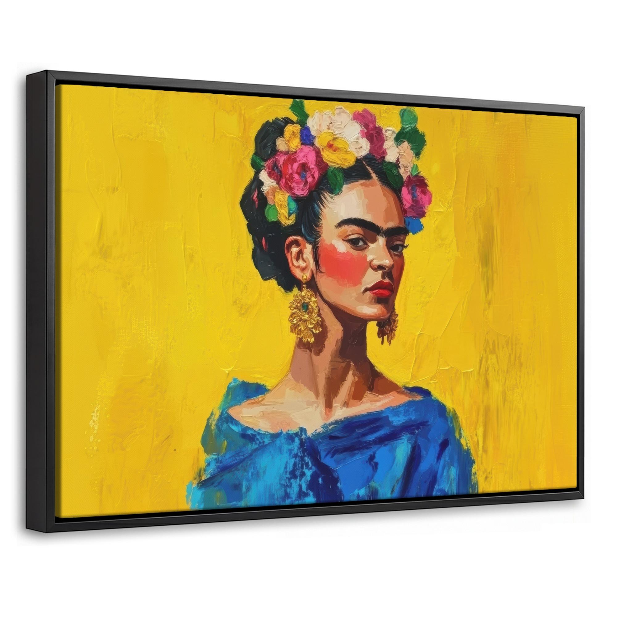 LEINWAND Bilder mit Rahmen - Frida Kahlo - Frau - Gelb - Blau - Blumen - 30x20 - Gelb, Textil (30/20cm) - MuchoWow