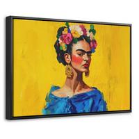 LEINWAND Bilder mit Rahmen - Frida Kahlo - Frau - Gelb - Blau - Blumen - 60x40 - Gelb, Textil (60/40cm) - MuchoWow