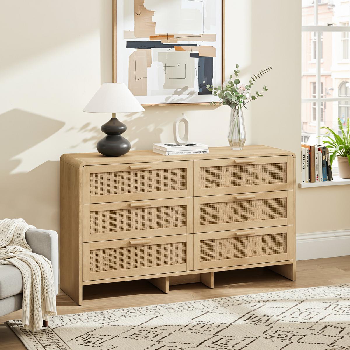 SIDEBOARD holzwerkstoff in natur mit rattan geflecht, abgerundete ecken & 6 schubladen - Naturfarben, Holzwerkstoff (130/74/40cm) - Urban Meuble