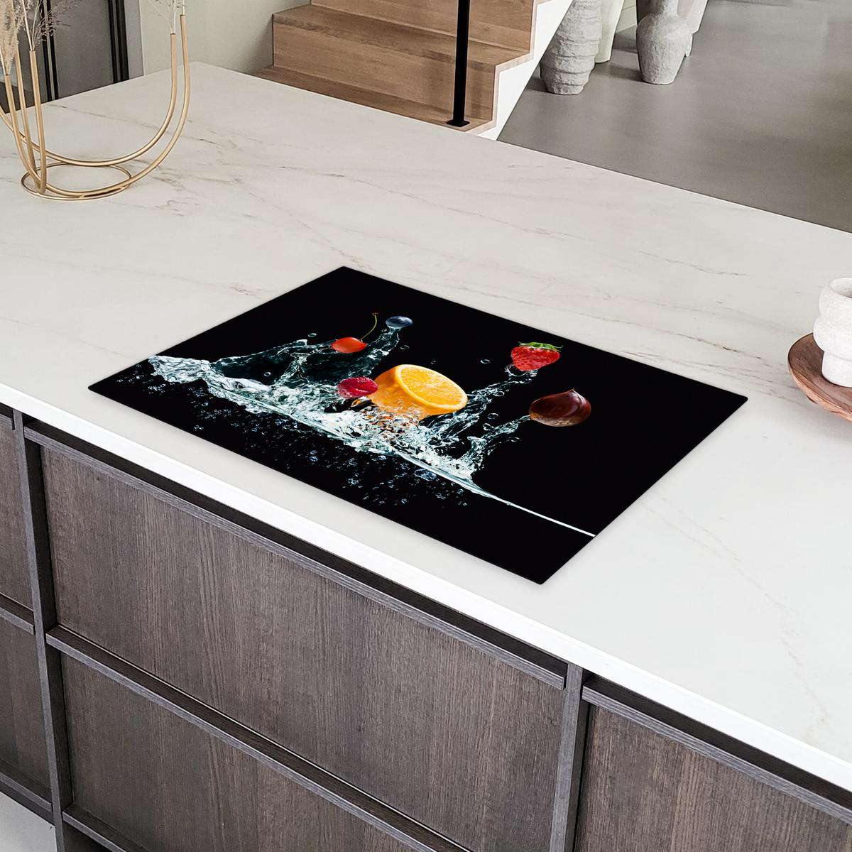 HERDABDECKPLATTE Wasser - Obst - Orange - Erdbeere - Kirsche - Schwarz Induktionsschutz 80x52.2 cm - Orange, Kunststoff (80.2/52.2/0.2cm) - MuchoWow