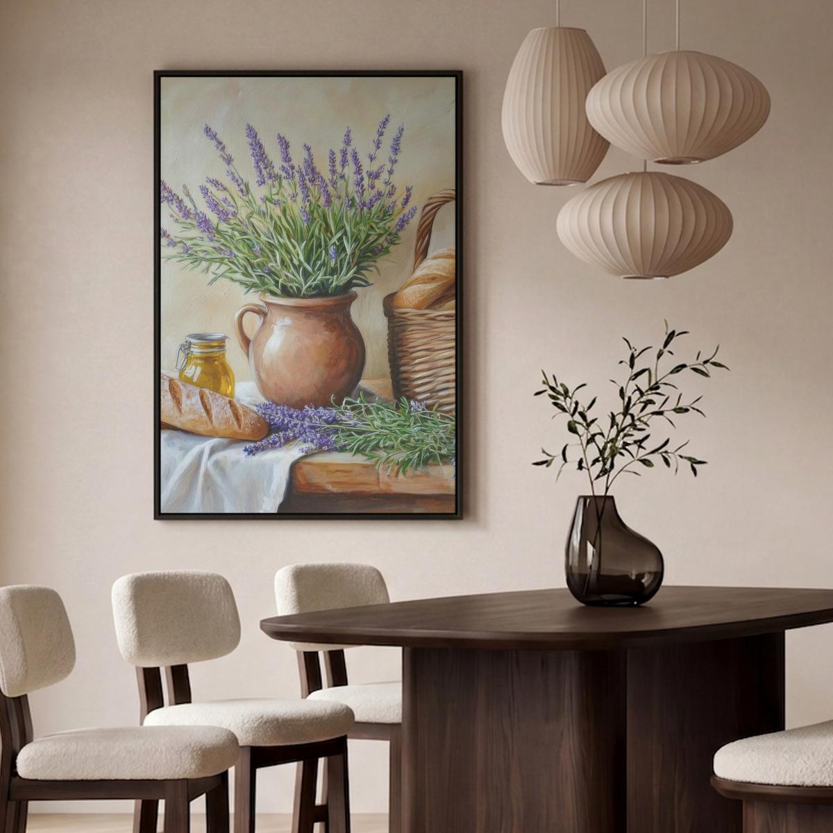 LEINWAND Bilder mit Rahmen - Lavendel - Brot - Stilleben - 80x120 - Flieder, Textil (80/120cm) - MuchoWow