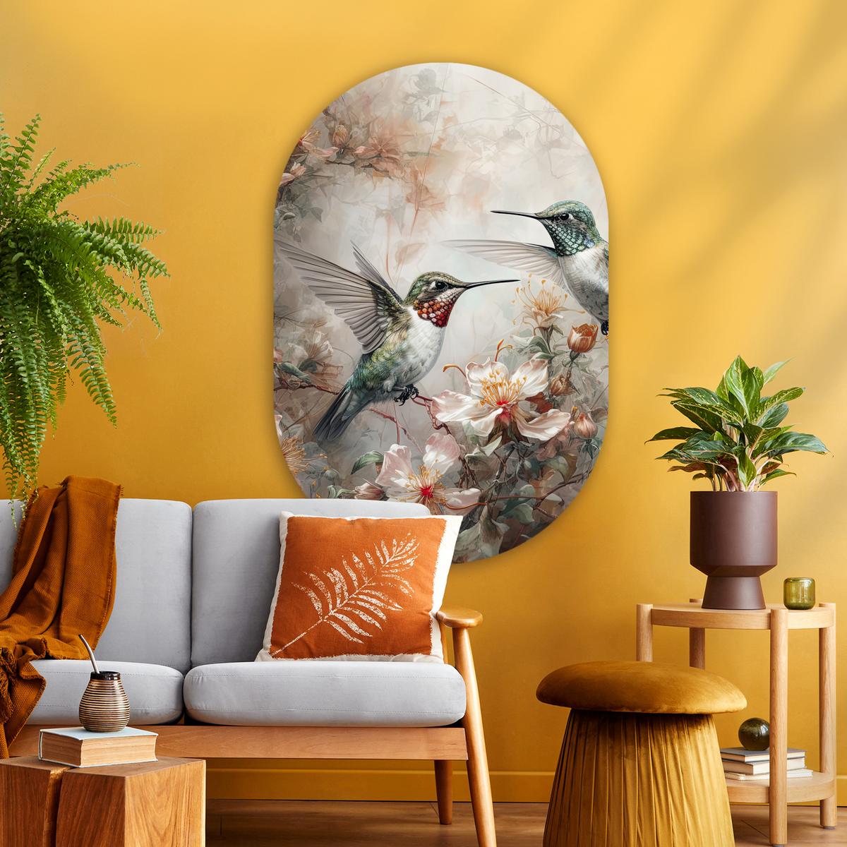 WANDBILD Kolibri - Vögel - Blumen - Pflanzen Deko Groß 80x120 cm - Hellgrün, Kunststoff (80/120cm) - MuchoWow