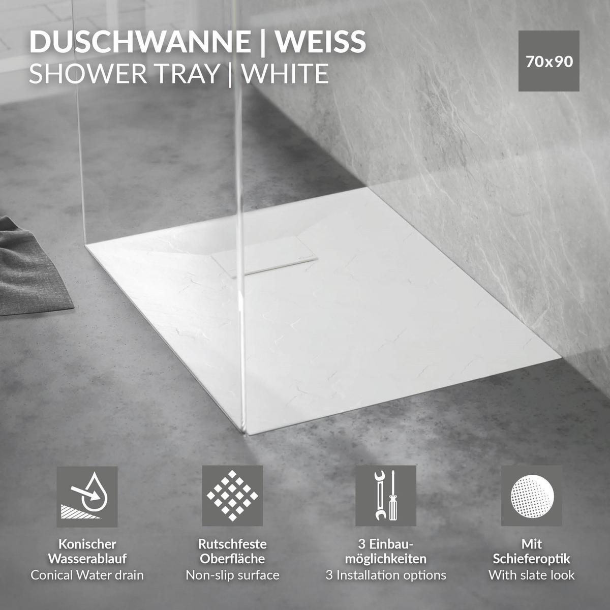 DUSCHWANNE 90x70 cm Weiß mit Ablaufgarnitur aus SMC - Weiß, Kunststoff (70/3/90cm) - LuxeBath