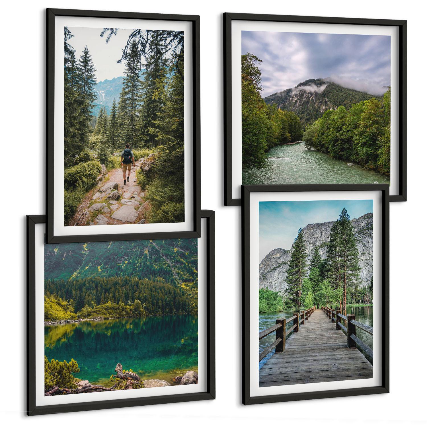BILDER SET 4er Set - 50x50 cm & 40x60 cm Schwarzer Rahmen - Berge, Seen, Wälder, Wege - Schwarz, Kunststoff (50/50cm) - TULUP