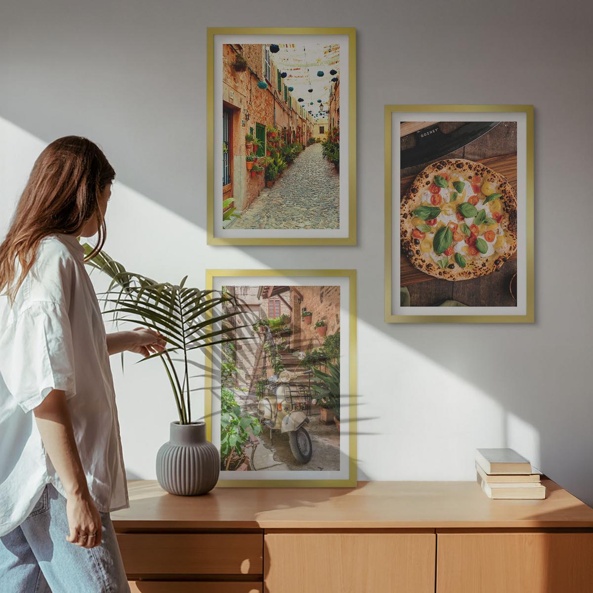 BILDER SET 3er Set - 40x60 cm Goldrahmen - Charmante Straßen mit Pizza - Goldfarben, Kunststoff (40/60cm) - TULUP