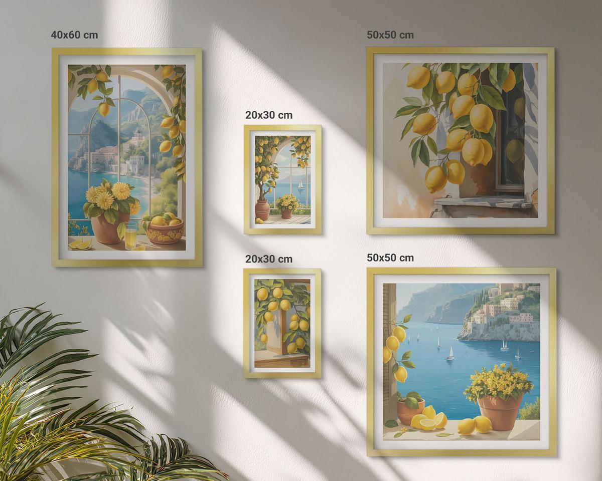 BILDER SET 5er Set - 50x50 cm & 20x30 cm & 40x60 cm Goldrahmen - Meerblick, italienische Zitronen - Goldfarben, Kunststoff (40/60cm) - TULUP