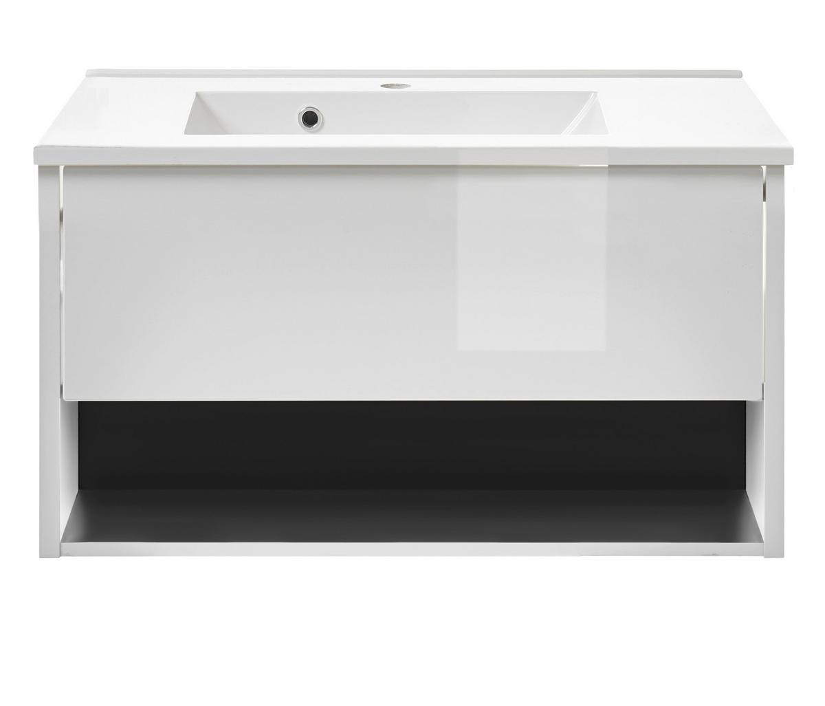 WASCHBECKENUNTERSCHRANK weiß Hochglanz, Waschtisch komplett mit Waschbecken, 80 cm hängend - Weiß Hochglanz/Grau, Holzwerkstoff/Metall (80/44/47cm) - Furn.Design
