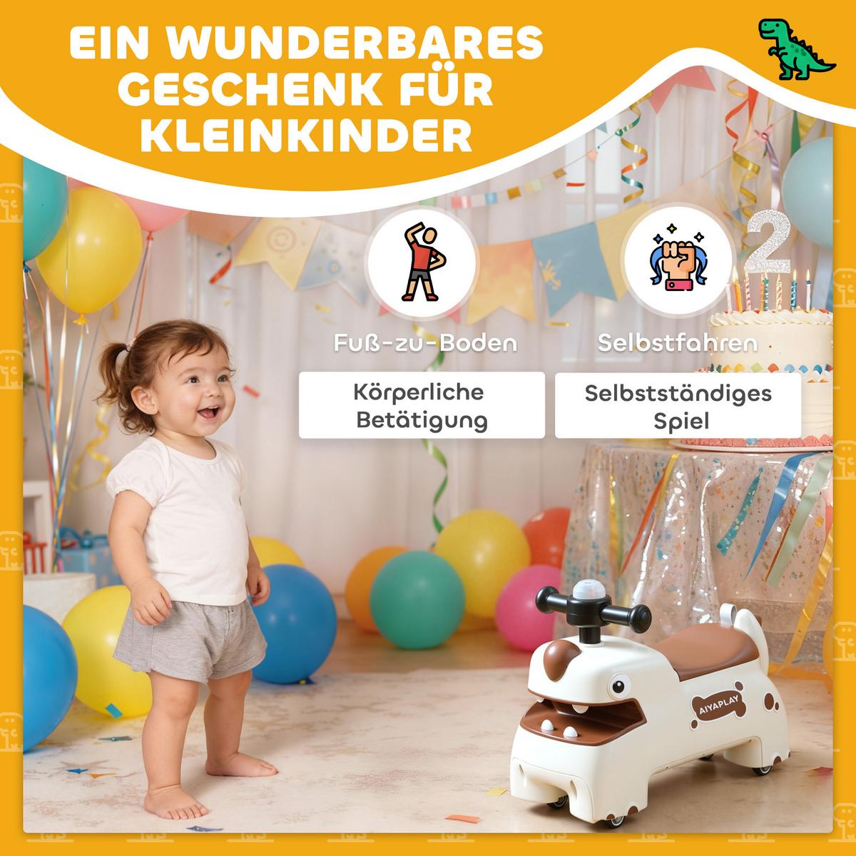 RUTSCHAUTO im Dinosaurier-Form Rutschfahrzeug mit Stauraum unter Sitz, Licht - Creme, Kunststoff (52/24/38cm) - AIYAPLAY